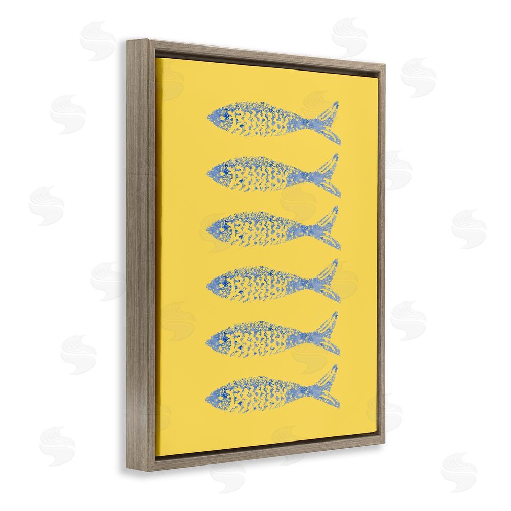 Julie DeRice Sardine Stamps on Yellow Brown Floating Framed Canvas Wall Art Print