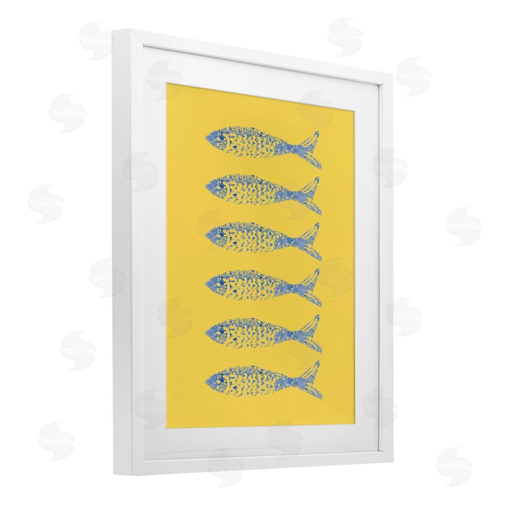 Julie DeRice Sardine Stamps on Yellow White Framed Print Under Glass with White Mat Wall Art