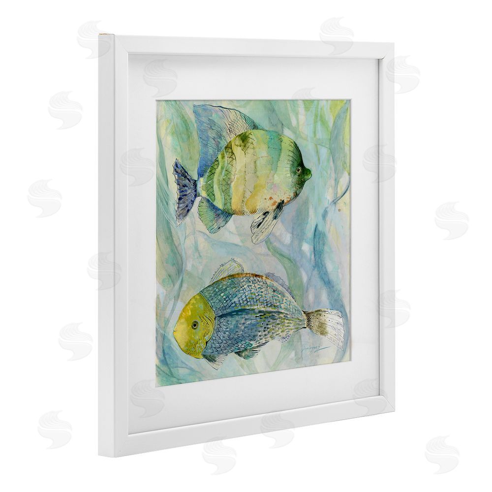 Lorenzo Collective Sweet Fish Duo Blue Green White Framed Print Under Glass with White Mat Wall Art