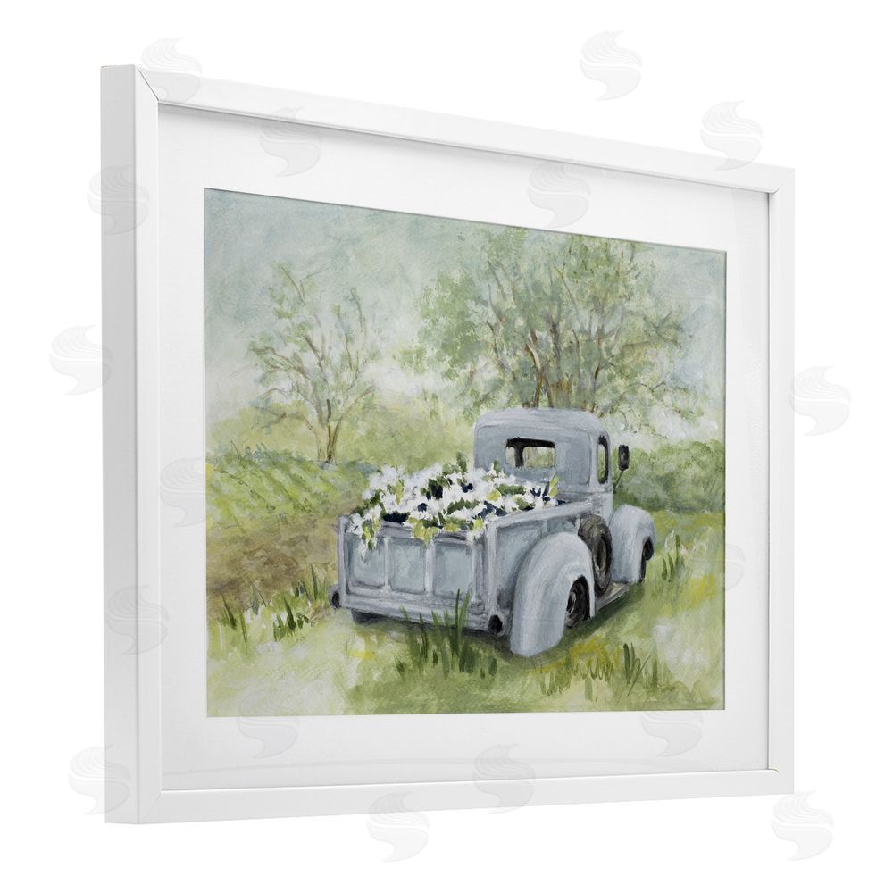 Lanie Loreth Vintage Blue Truck Flower Sale White Framed Print Under Glass with White Mat Wall Art