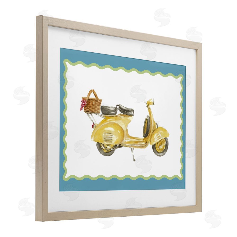 Lanie Loreth Yellow Vespa with Wavy Border Brown Framed Print Under Glass with White Mat Wall Art