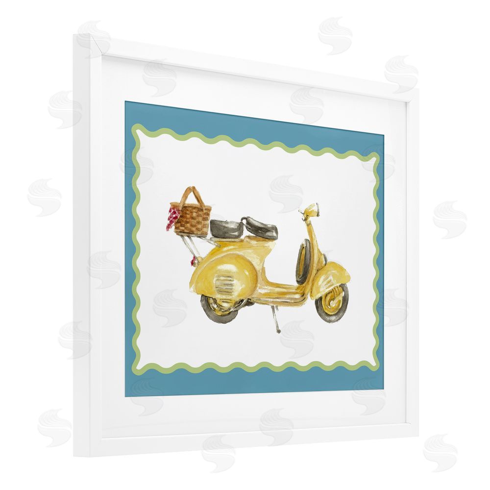 Lanie Loreth Yellow Vespa with Wavy Border White Framed Print Under Glass with White Mat Wall Art
