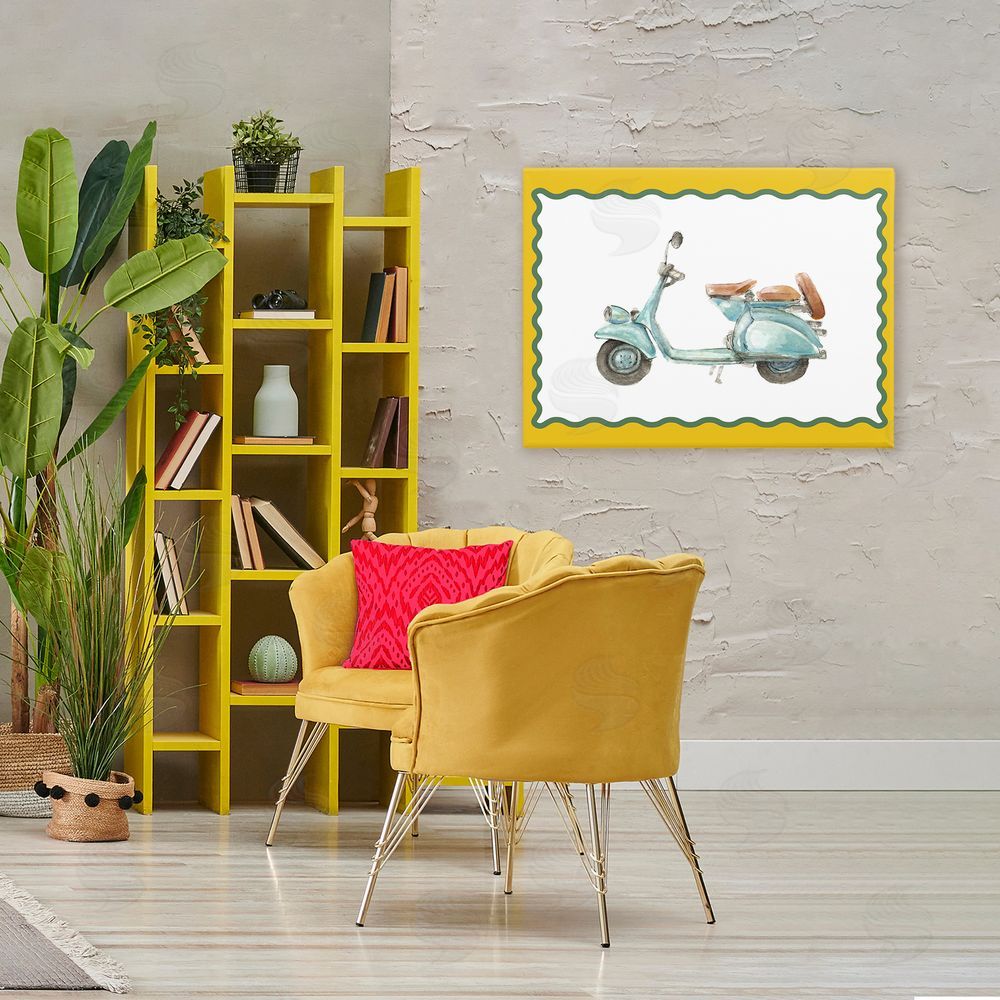Lanie Loreth Blue Vespa with Yellow Border Stretched Canvas Wall Art Print in Room