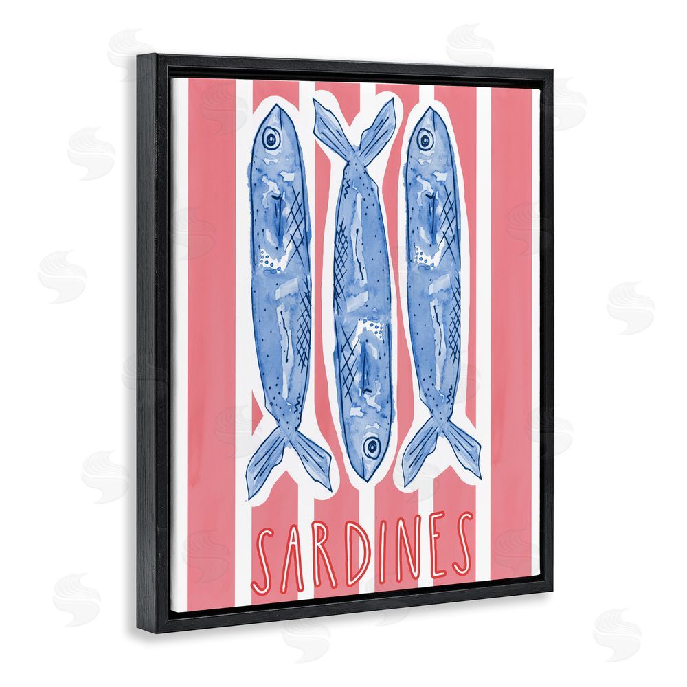 Nola James Americana Sardines on Pink Stripes Black Floating Frame Stretched Canvas Wall Art Print