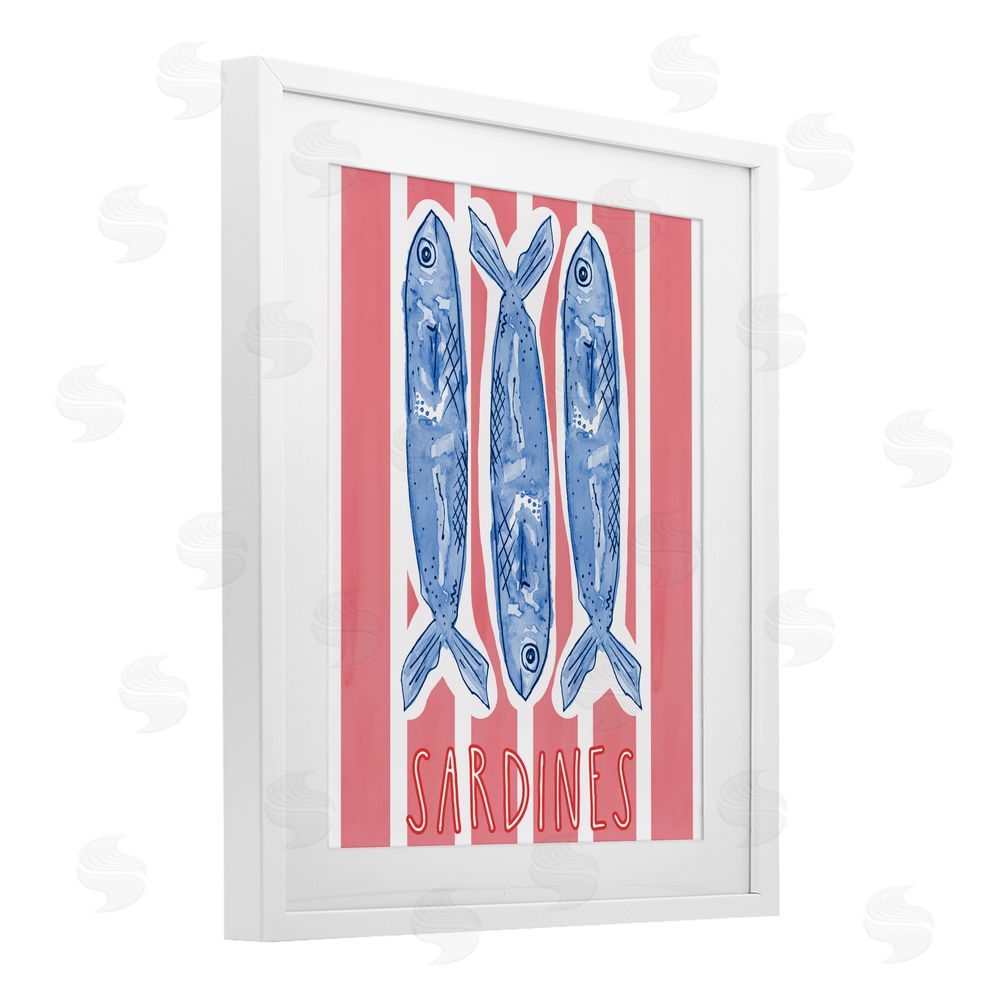 Nola James Americana Sardines on Pink Stripes White Framed Print Under Glass with Matting Wall Art