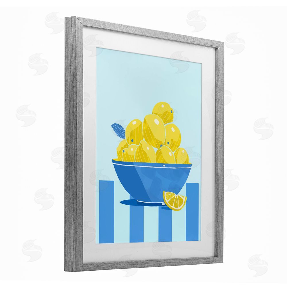 Lucca Sheppard Yellow Lemon Bowl Striped Gray Framed Print Under Glass with White Mat Wall Art