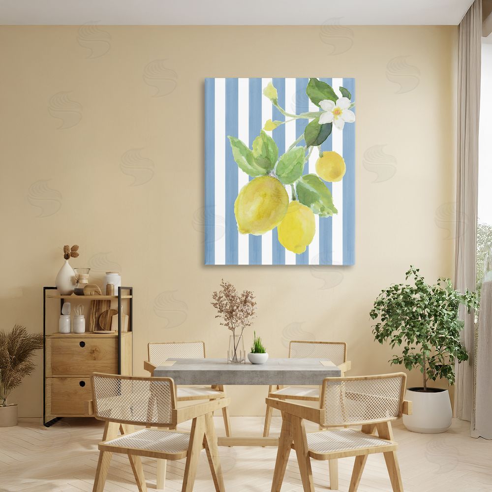 Lanie Loreth Lemon Blossom on Blue Stripes Stretched Canvas Wall Art in Room