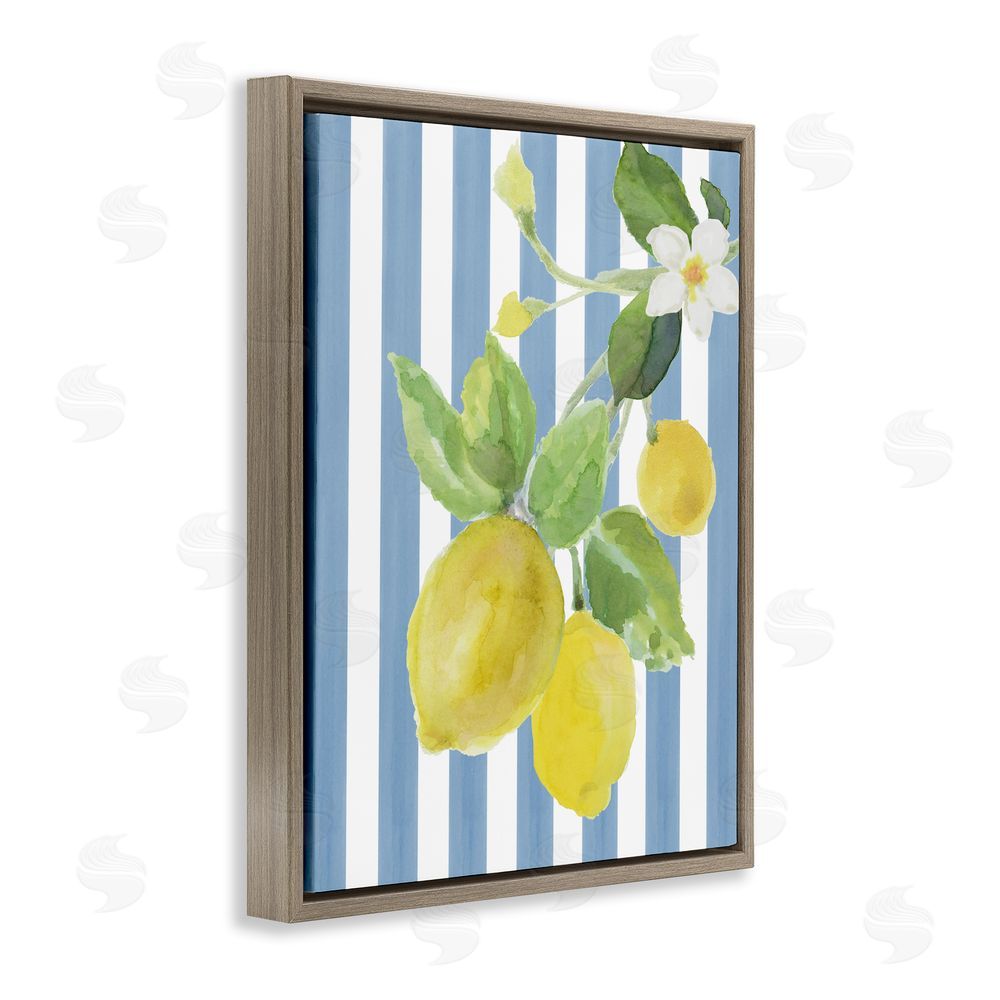 Lanie Loreth Lemon Blossom on Blue Stripes Brown Floating Framed Canvas Wall Art