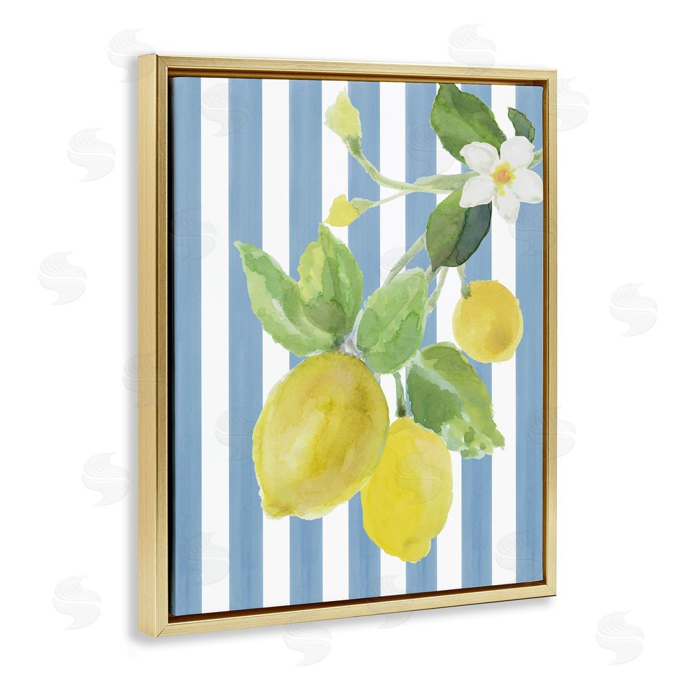 Lanie Loreth Lemon Blossom on Blue Stripes Gold Floating Framed Canvas Wall Art