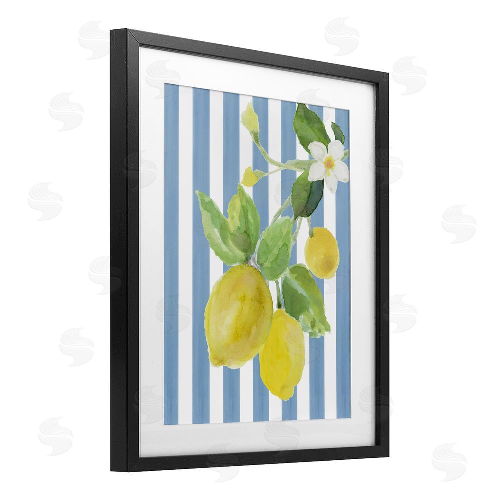 Lanie Loreth Lemon Blossom on Blue Stripes Black Framed Print Under Glass Wall Art
