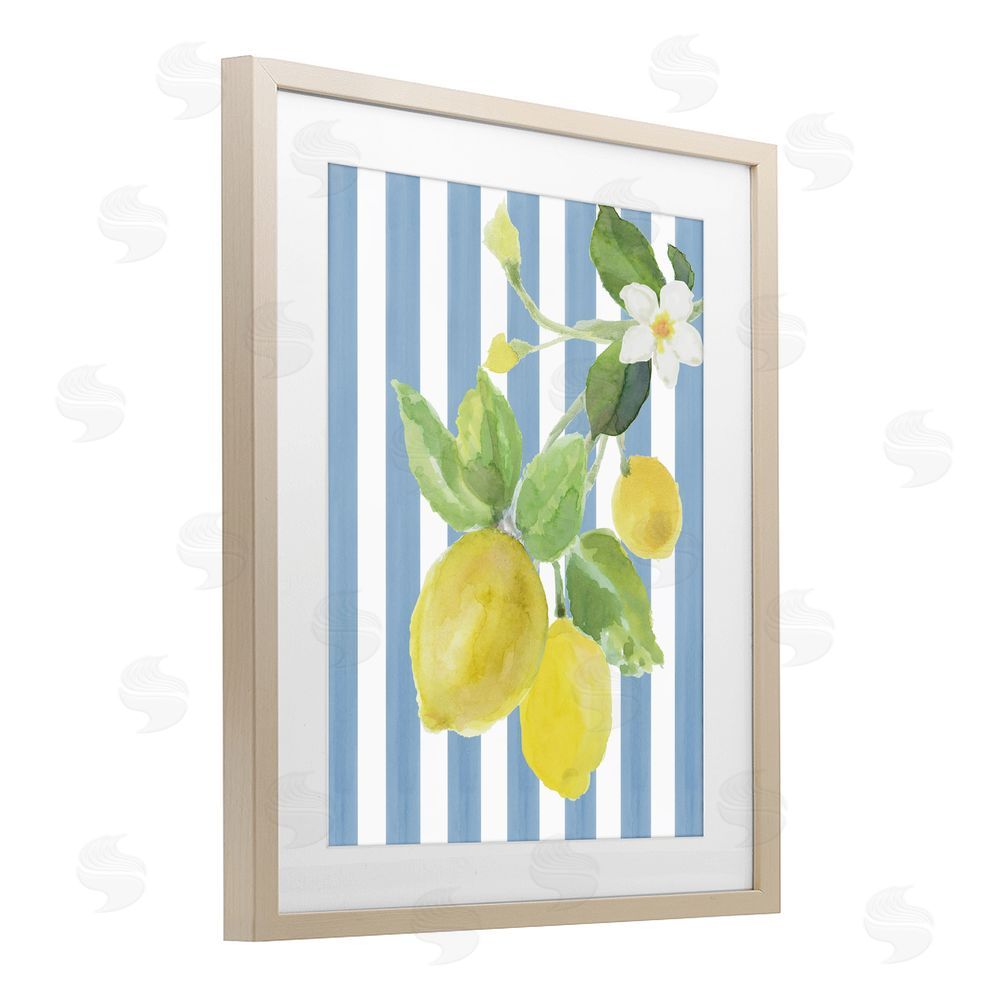 Lanie Loreth Lemon Blossom on Blue Stripes Brown Framed Print Under Glass Wall Art