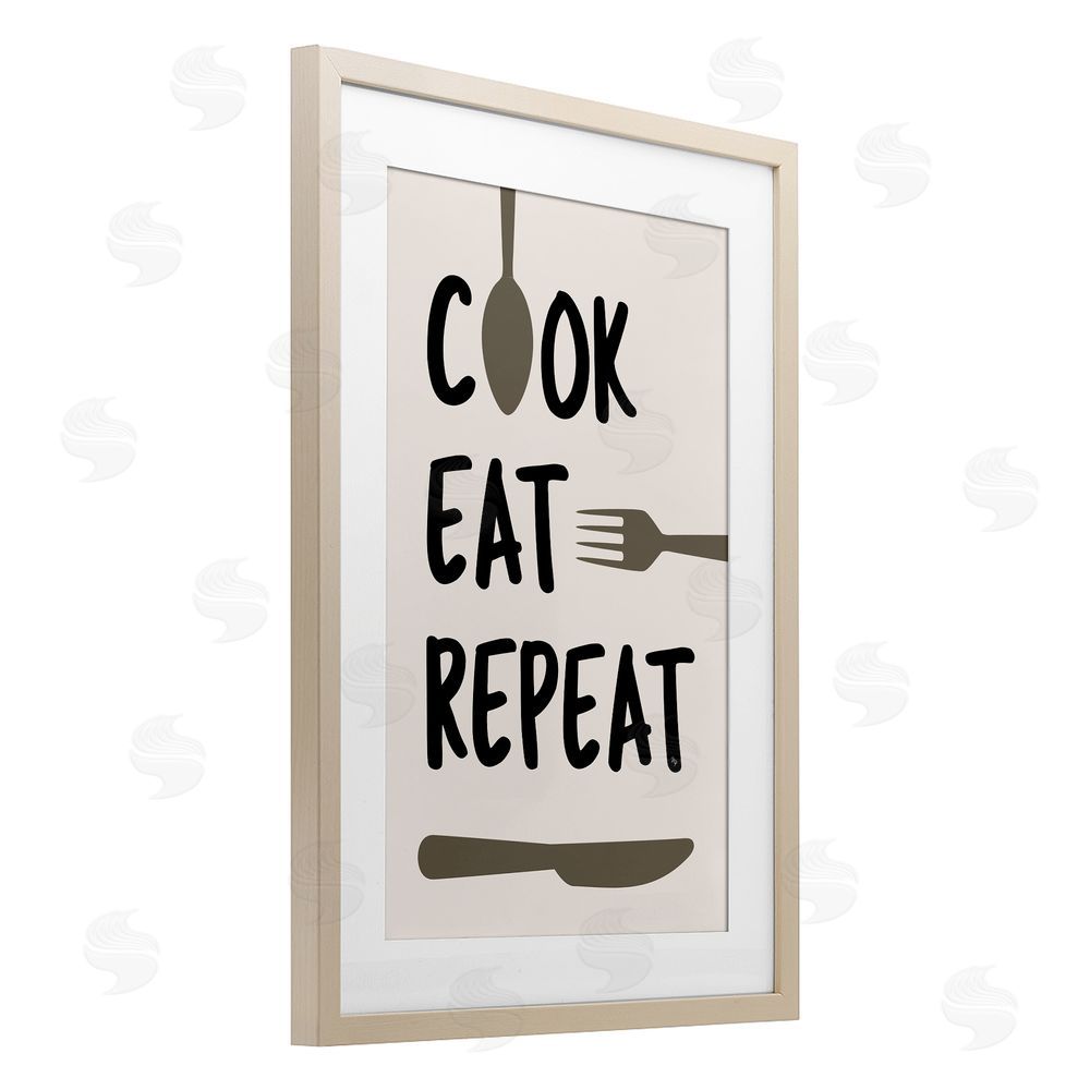 Martina Pavlova Cook Eat Repeat with Utensils Brown Framed Print Under Glass Wall Art
