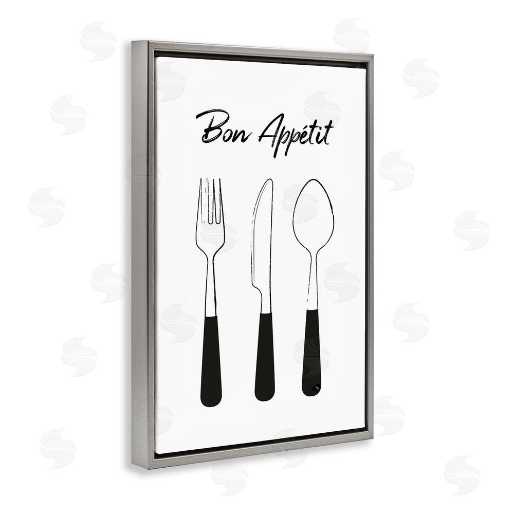 Martina Pavlova Bon Appetit Fork Knife Spoon Gray Floating Frame Stretched Canvas Wall Art Print