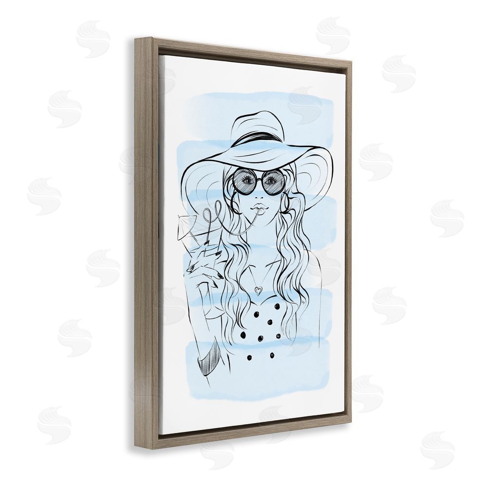 Martina Pavlova Sipping Drink Girl in Sun Hat Brown Floating Framed Canvas Wall Art Print