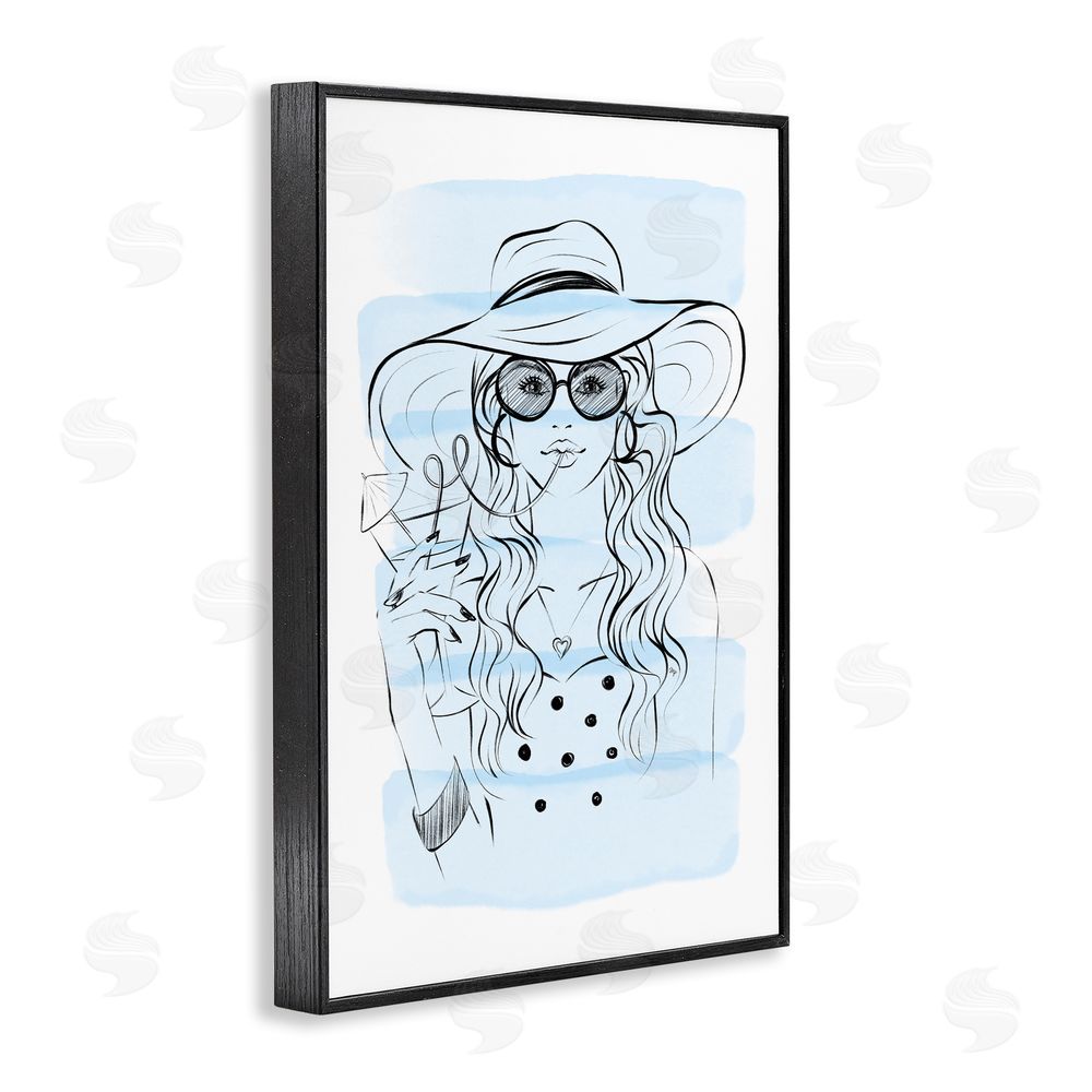 Martina Pavlova Sipping Drink Girl in Sun Hat Black Framed Giclee Wall Art Print