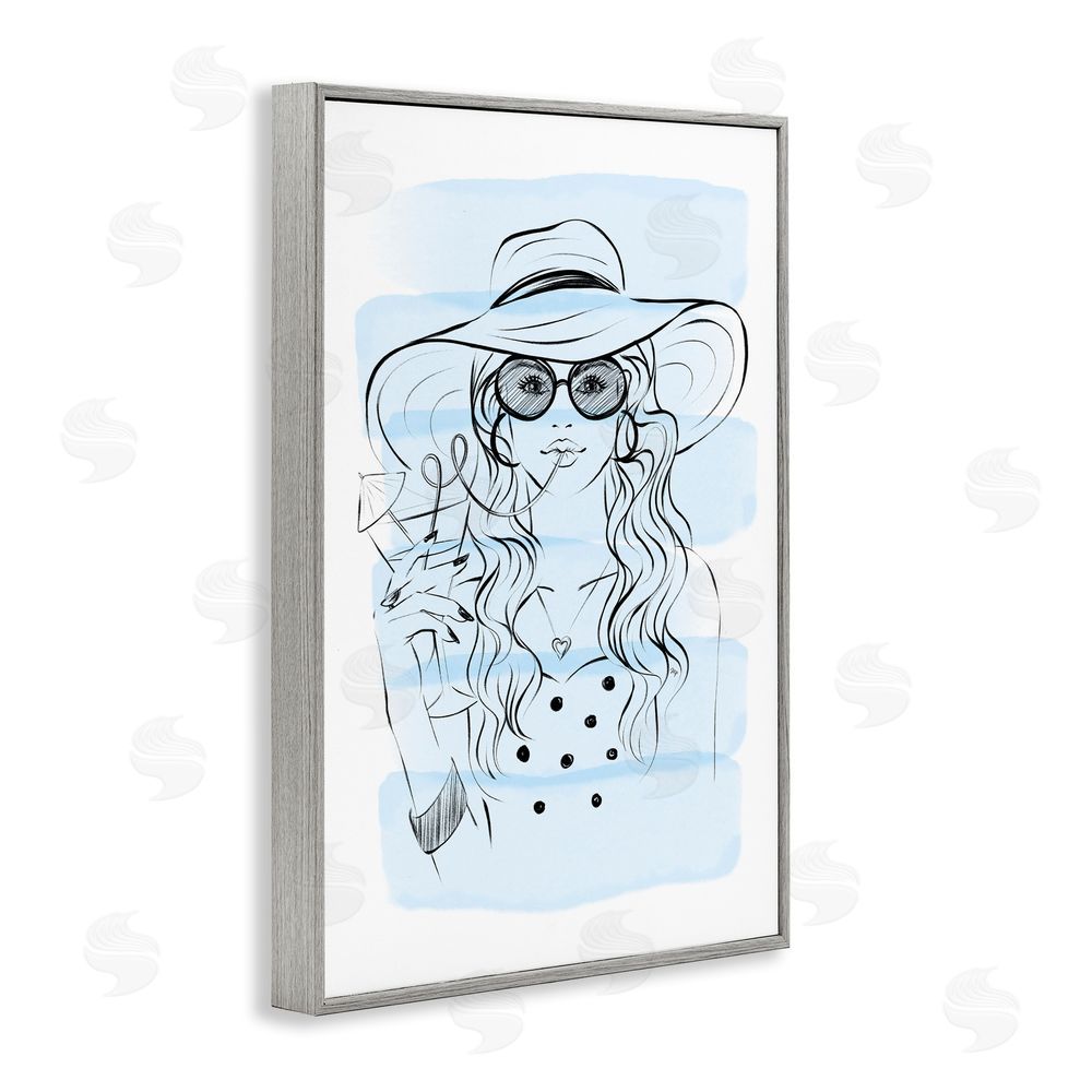 Martina Pavlova Sipping Drink Girl in Sun Hat Gray Framed Giclee Wall Art Print