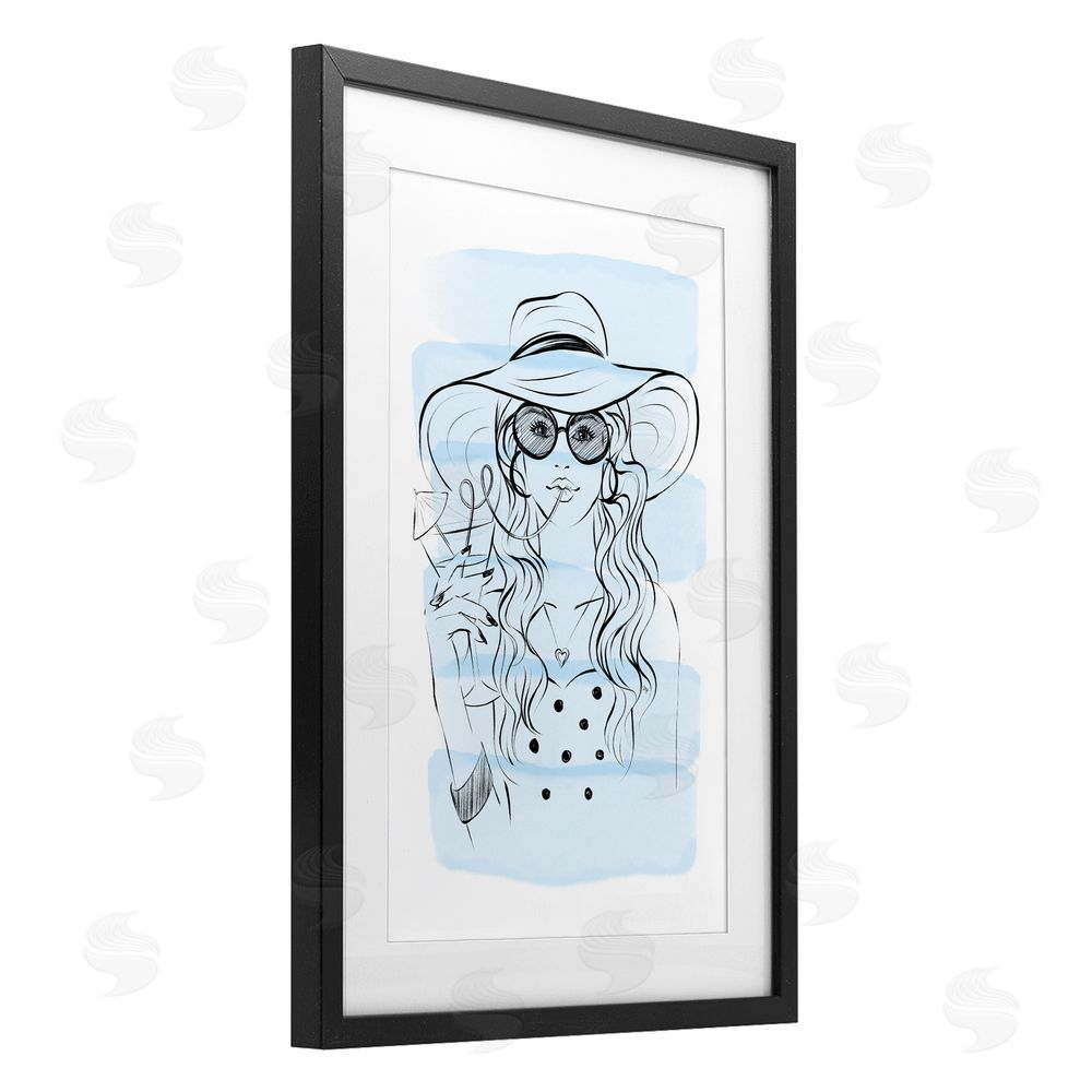 Martina Pavlova Sipping Drink Girl in Sun Hat Black Framed Print Under Glass with White Mat Wall Art