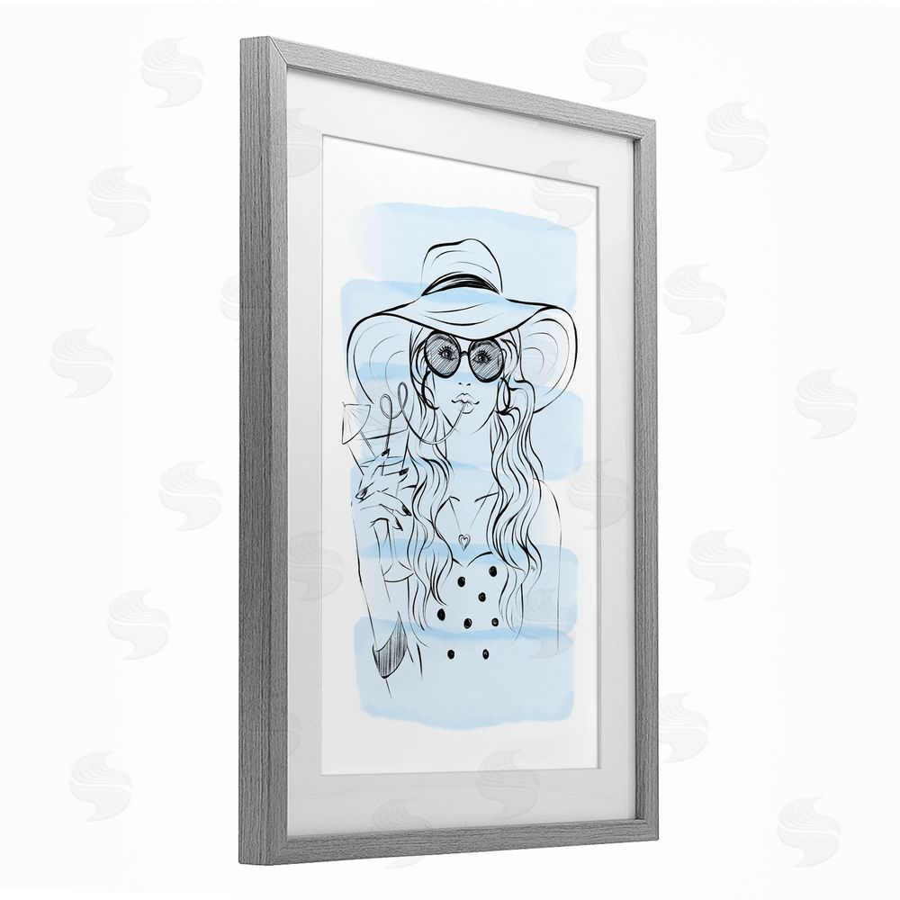 Martina Pavlova Sipping Drink Girl in Sun Hat Gray Framed Print Under Glass with White Mat Wall Art