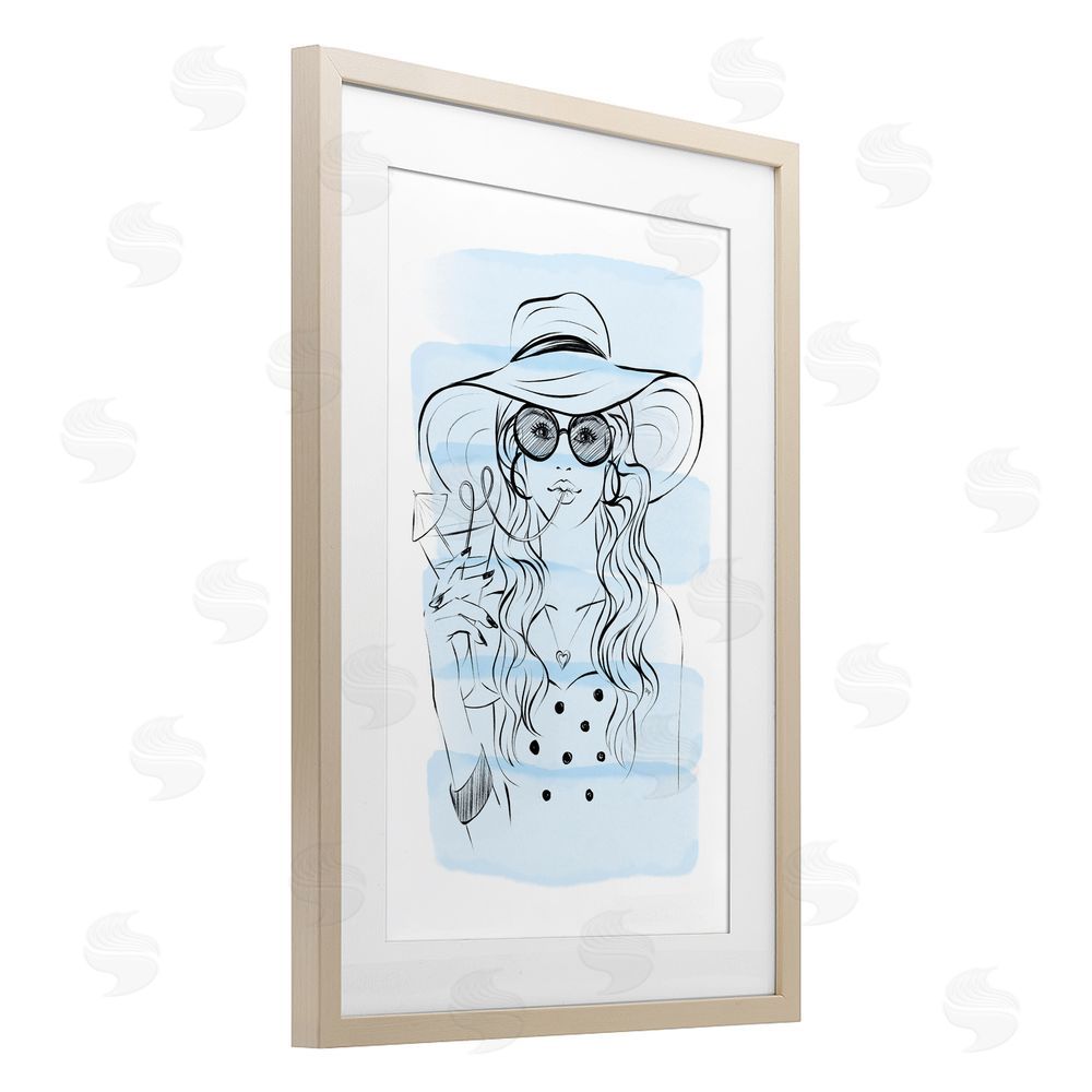 Martina Pavlova Sipping Drink Girl in Sun Hat Brown Framed Print Under Glass with White Mat Wall Art
