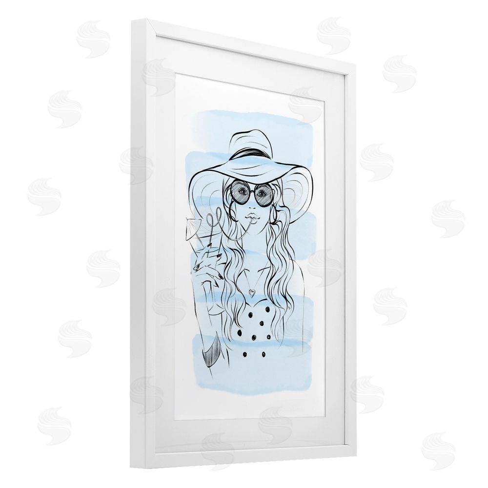 Martina Pavlova Sipping Drink Girl in Sun Hat White Framed Print Under Glass with White Mat Wall Art