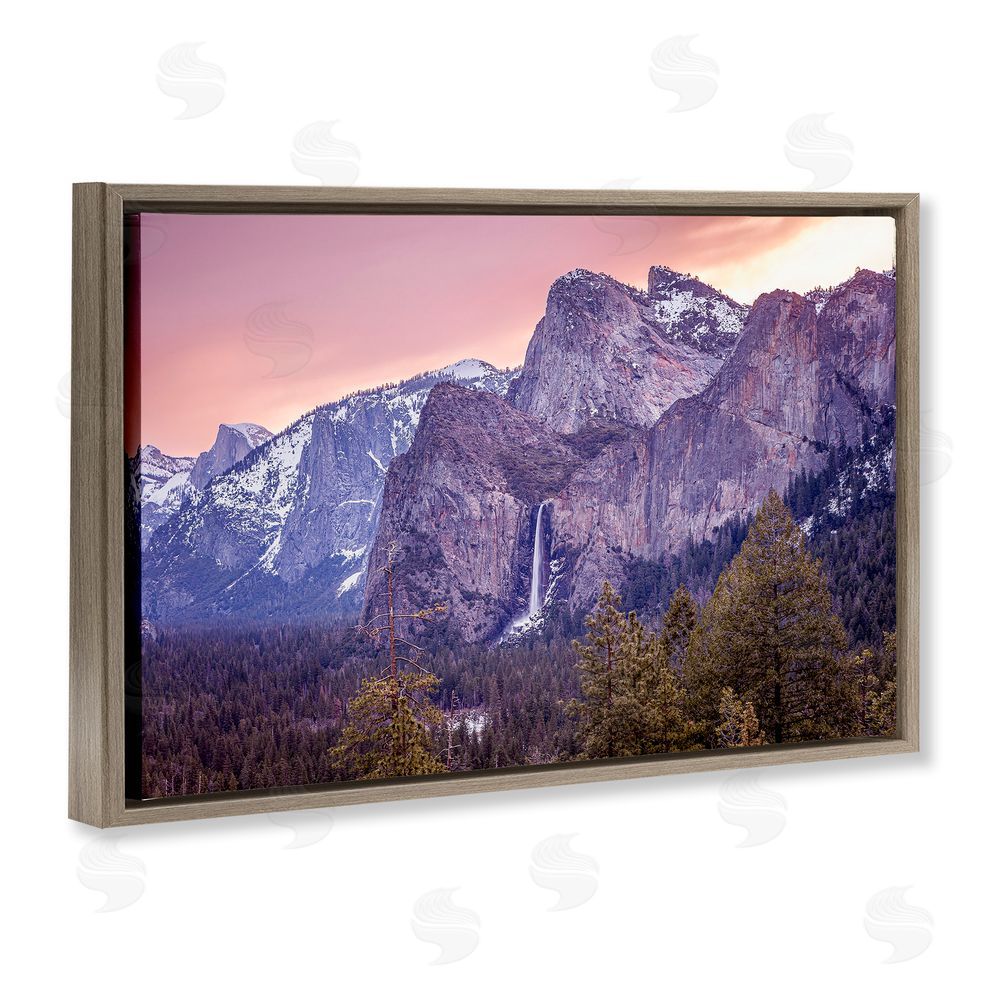 Shelley Carlisle Majestic Mountain Waterfall Sunset Brown Floating Frame Canvas Wall Art Print