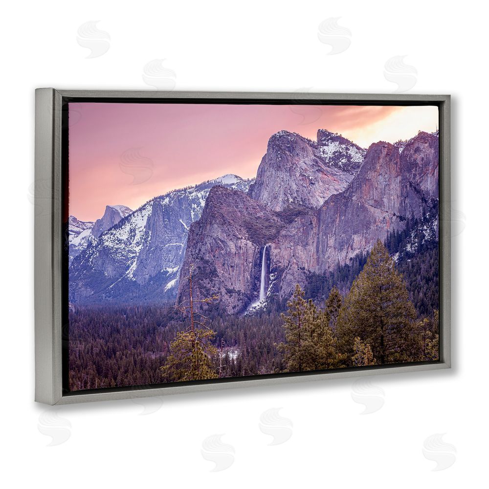 Shelley Carlisle Majestic Mountain Waterfall Sunset Gray Floating Frame Canvas Wall Art Print