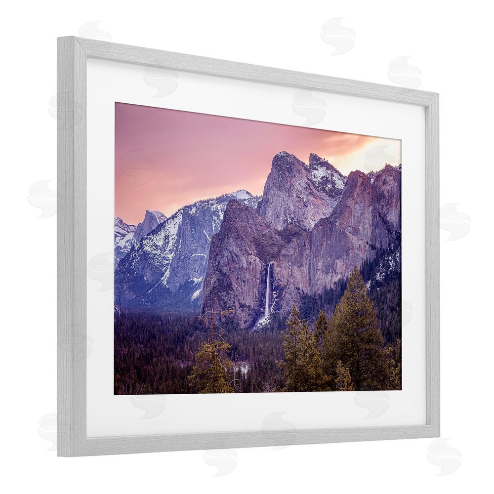 Shelley Carlisle Majestic Mountain Waterfall Sunset Gray Framed Print Under Glass Wall Art
