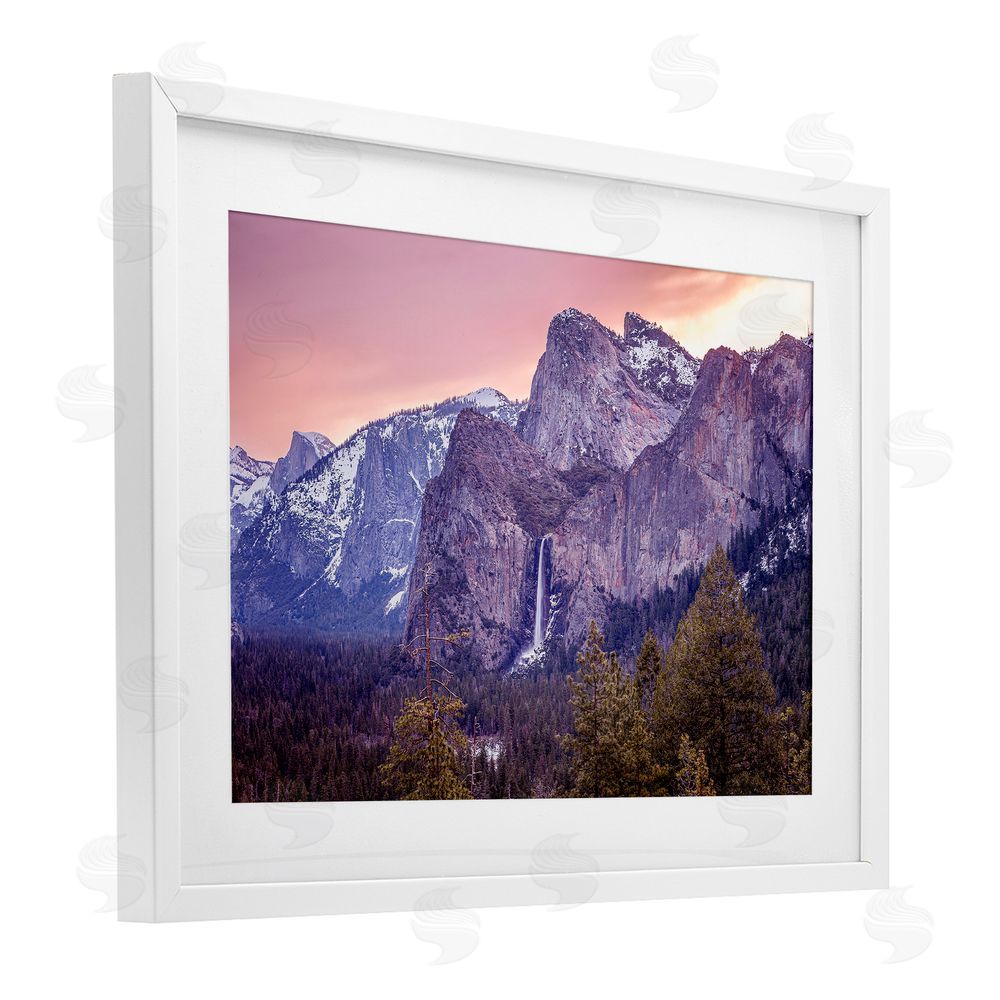 Shelley Carlisle Majestic Mountain Waterfall Sunset White Framed Print Under Glass Wall Art