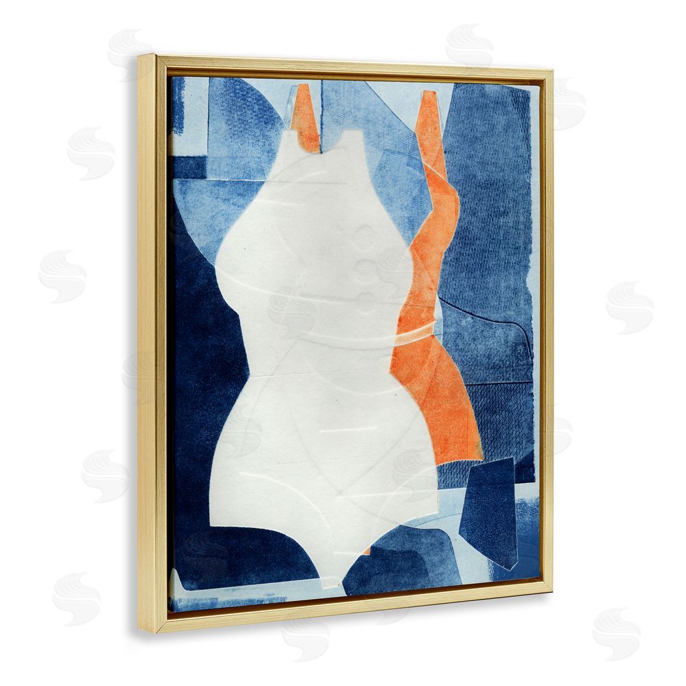 Stacy Milrany Abstract Fashion Shapes Blue Gold Floating Frame Stretched Canvas Wall Art Print