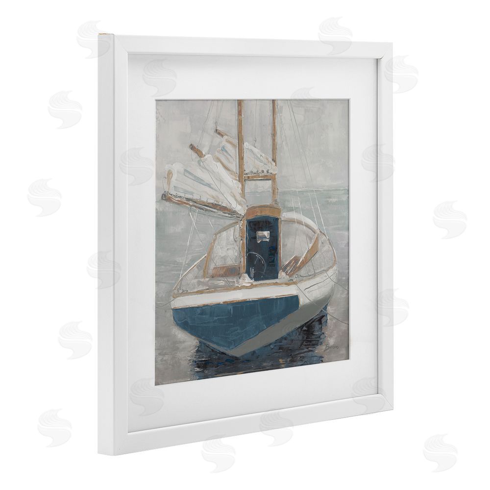 John Burrows Serene Harbor Sail Boat White Framed Print Under Glass with White Mat Wall Art