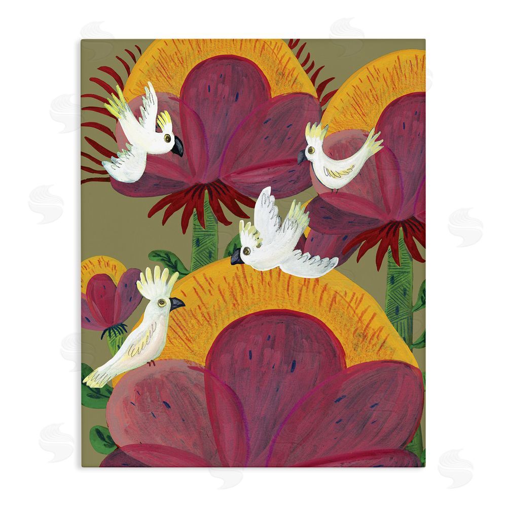 Kay Widdowson Tropical Cockatoos & Plants Stretched Canvas Wall Art Print