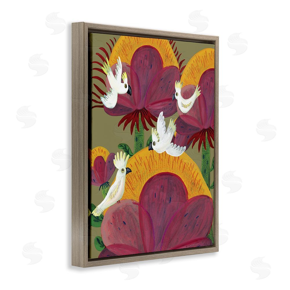 Kay Widdowson Tropical Cockatoos & Plants Brown Floating Frame Canvas Wall Art Print