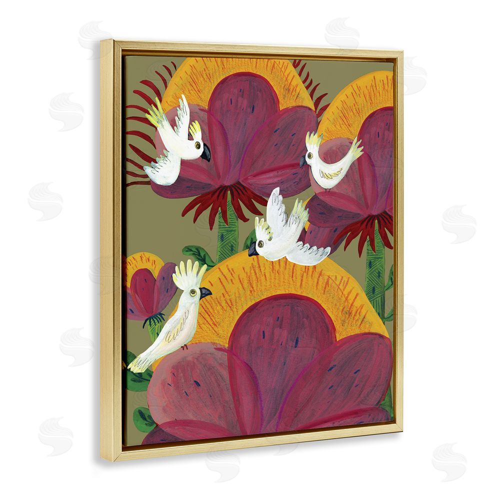Kay Widdowson Tropical Cockatoos & Plants Gold Floating Frame Canvas Wall Art Print