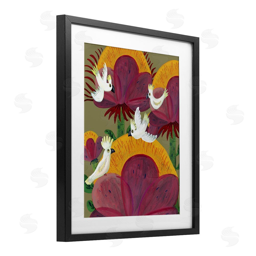 Kay Widdowson Tropical Cockatoos & Plants Black Framed Print Under Glass Wall Art