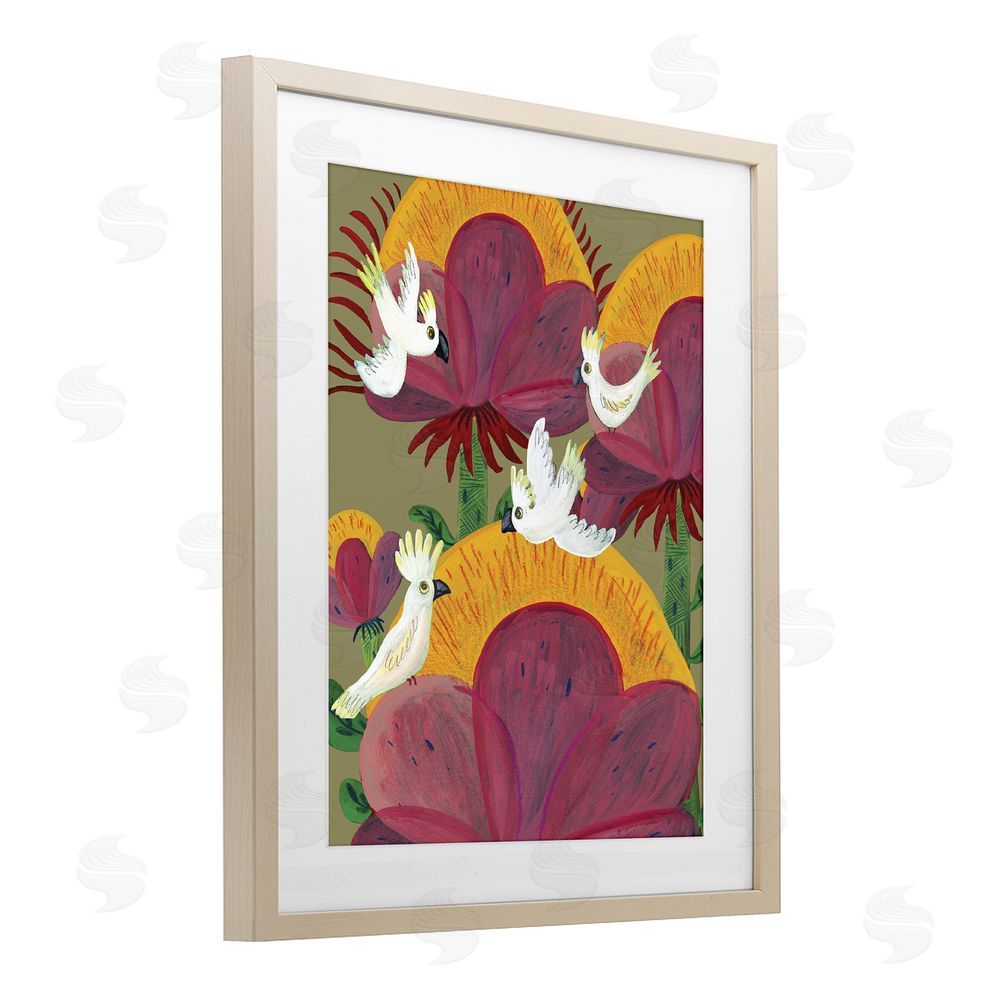 Kay Widdowson Tropical Cockatoos & Plants Brown Framed Print Under Glass Wall Art