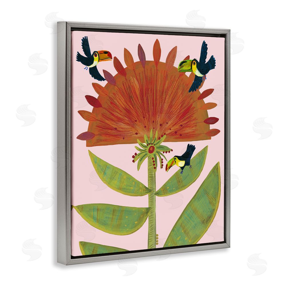 Kay Widdowson Tropical Plant & Toucans Gray Floating Frame Canvas Wall Art Print