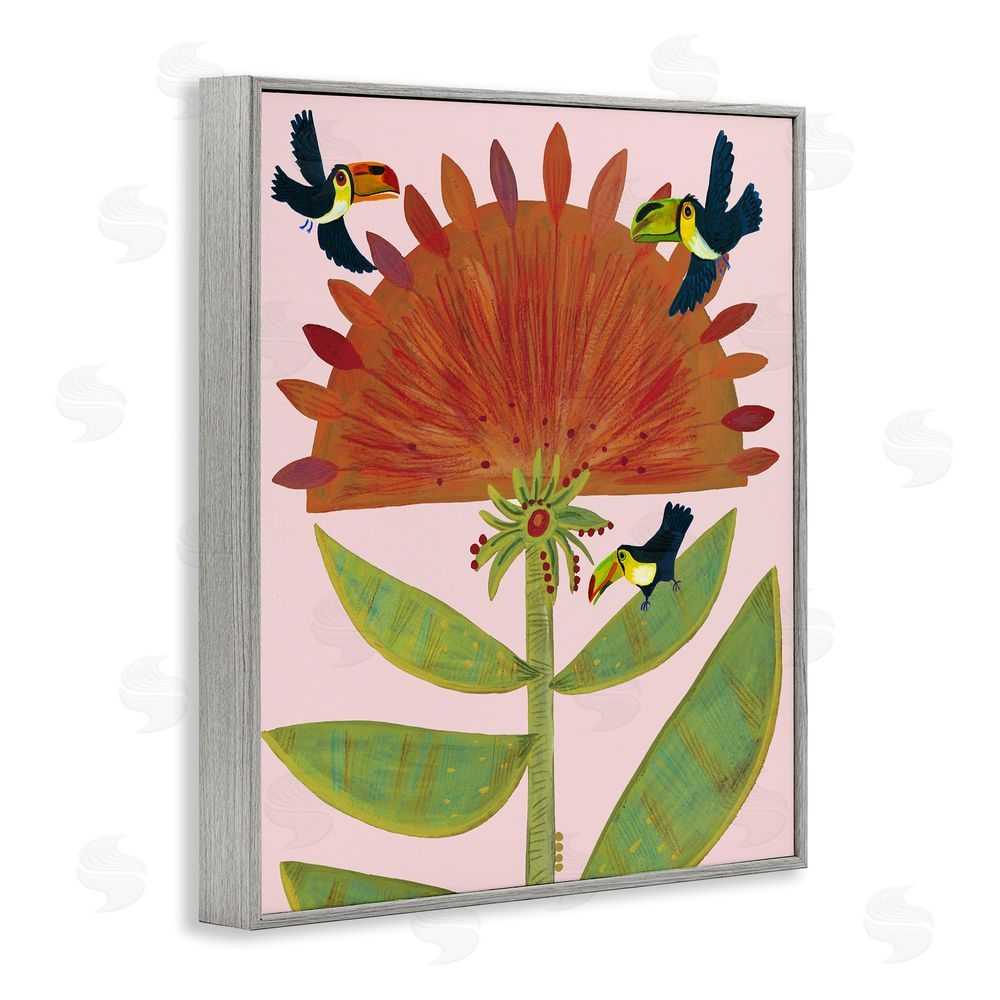 Kay Widdowson Tropical Plant & Toucans Gray Framed Giclee Wall Art Print