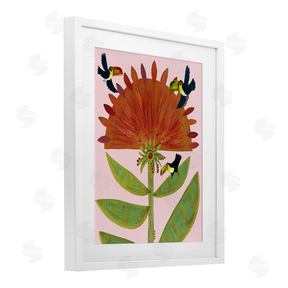 Kay Widdowson Tropical Plant & Toucans White Framed Print Under Glass Wall Art