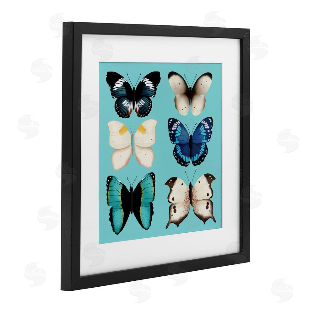 Metka Hiti Six Diverse Butterflies on Turquoise Black Framed Print Under Glass Wall Art
