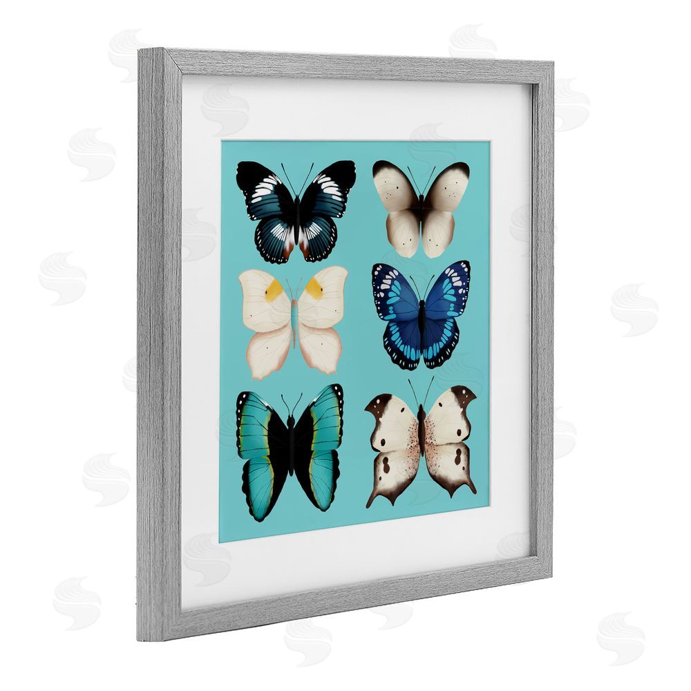 Metka Hiti Six Diverse Butterflies on Turquoise Gray Framed Print Under Glass Wall Art