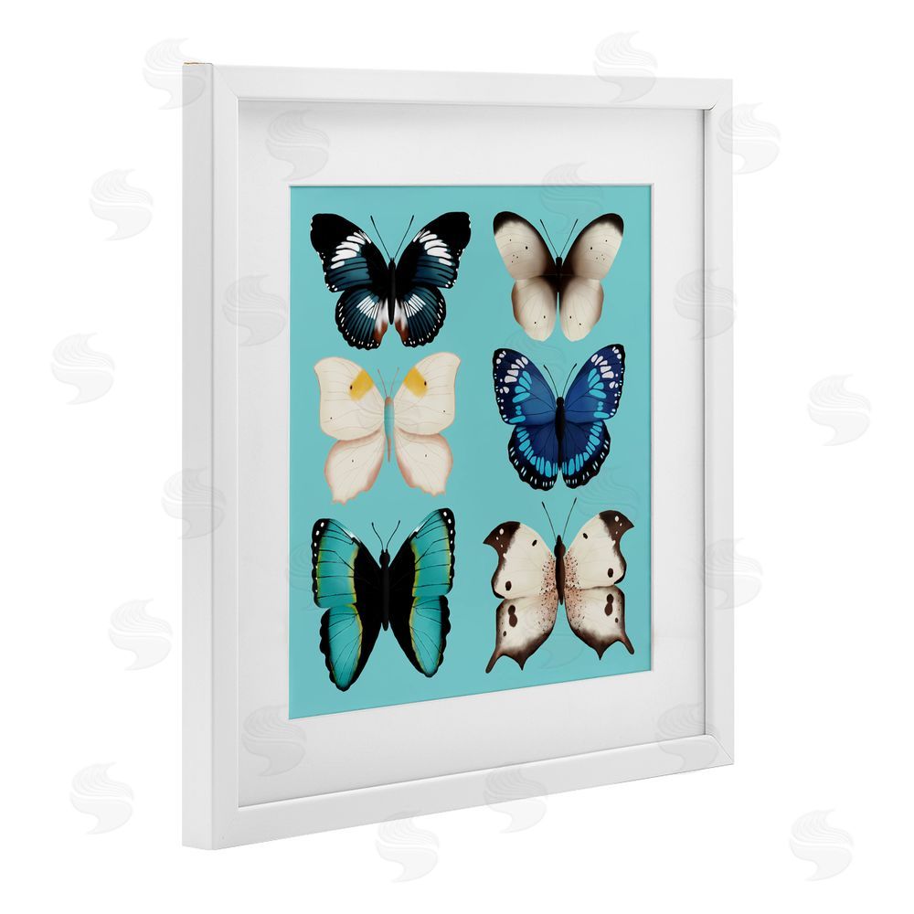 Metka Hiti Six Diverse Butterflies on Turquoise White Framed Print Under Glass Wall Art