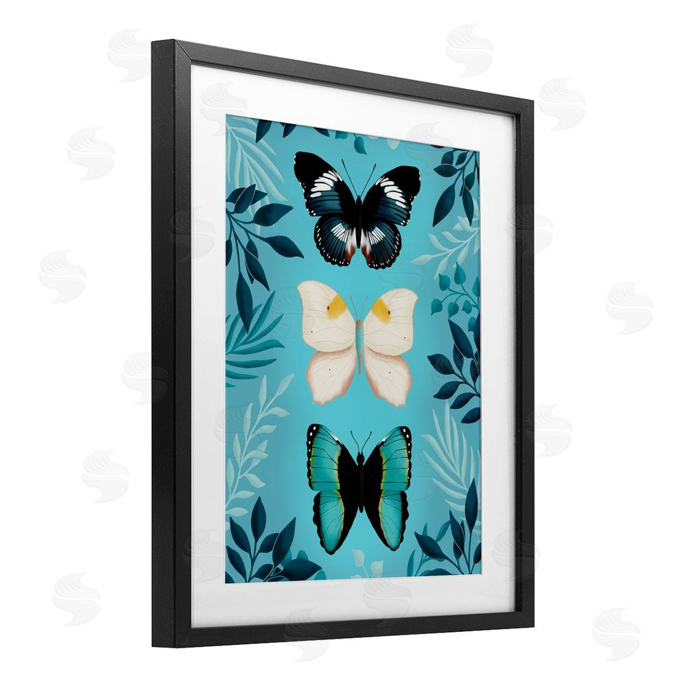Metka Hiti Three Exotic Blue Butterflies Black Framed Print Under Glass Wall Art