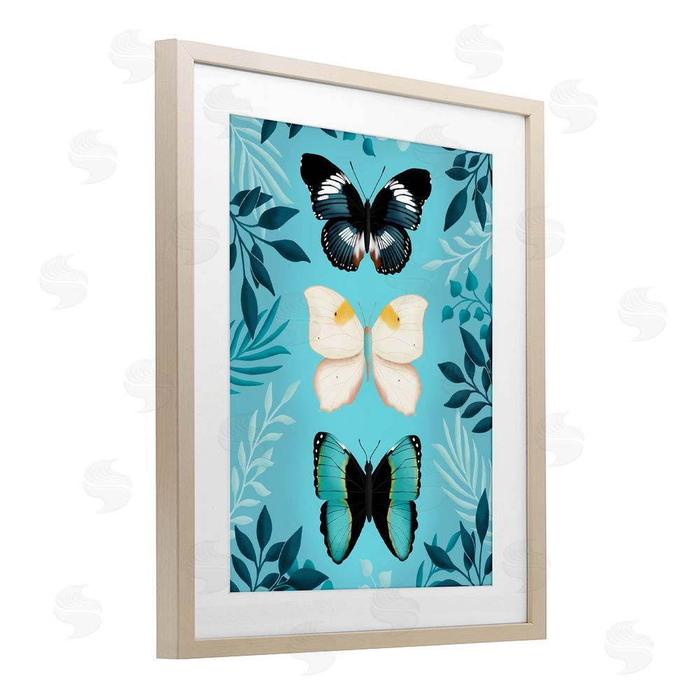 Metka Hiti Three Exotic Blue Butterflies Brown Framed Print Under Glass Wall Art