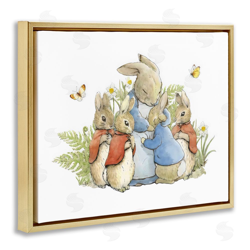 Arlington Prints Hugging Mother Rabbit Gold Floating Frame Canvas Wall Art