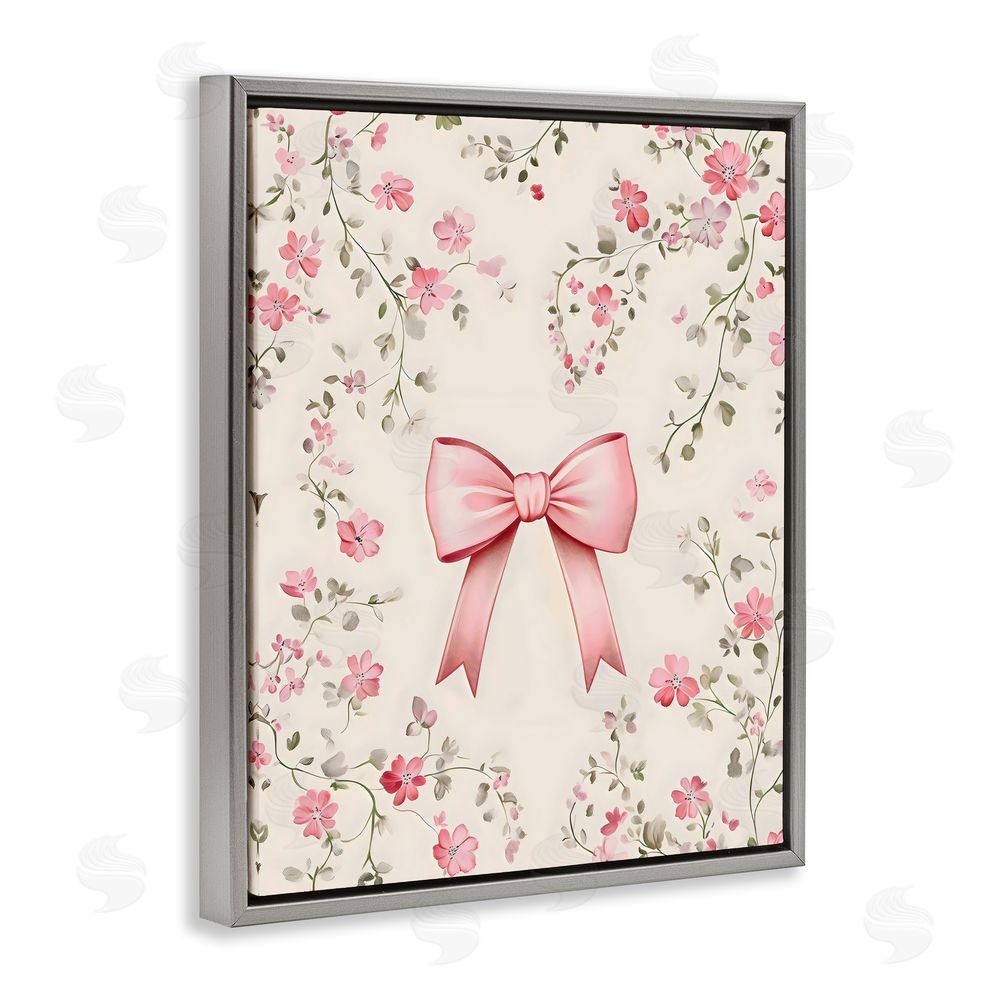 Arlington Prints Girly Ribbon Bow Gray Floating Frame Canvas Wall Art