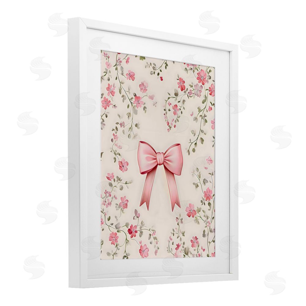 Arlington Prints Girly Ribbon Bow White Framed Print Under Glass with Mat Wall Art