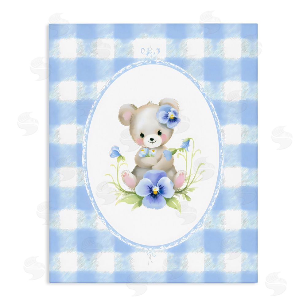 Arlington Prints Little Bear Blue Gingham Stretched Canvas Wall Art