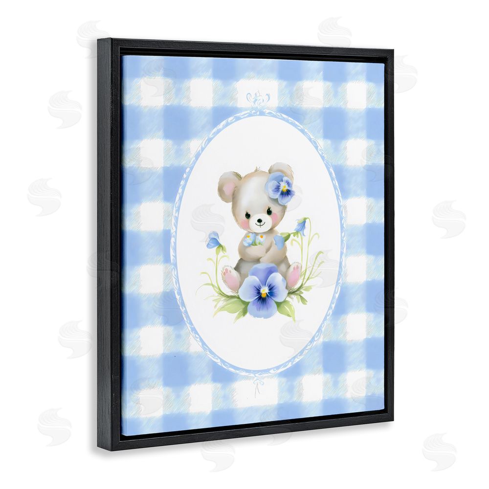 Arlington Prints Little Bear Blue Gingham Black Floating Framed Canvas Wall Art