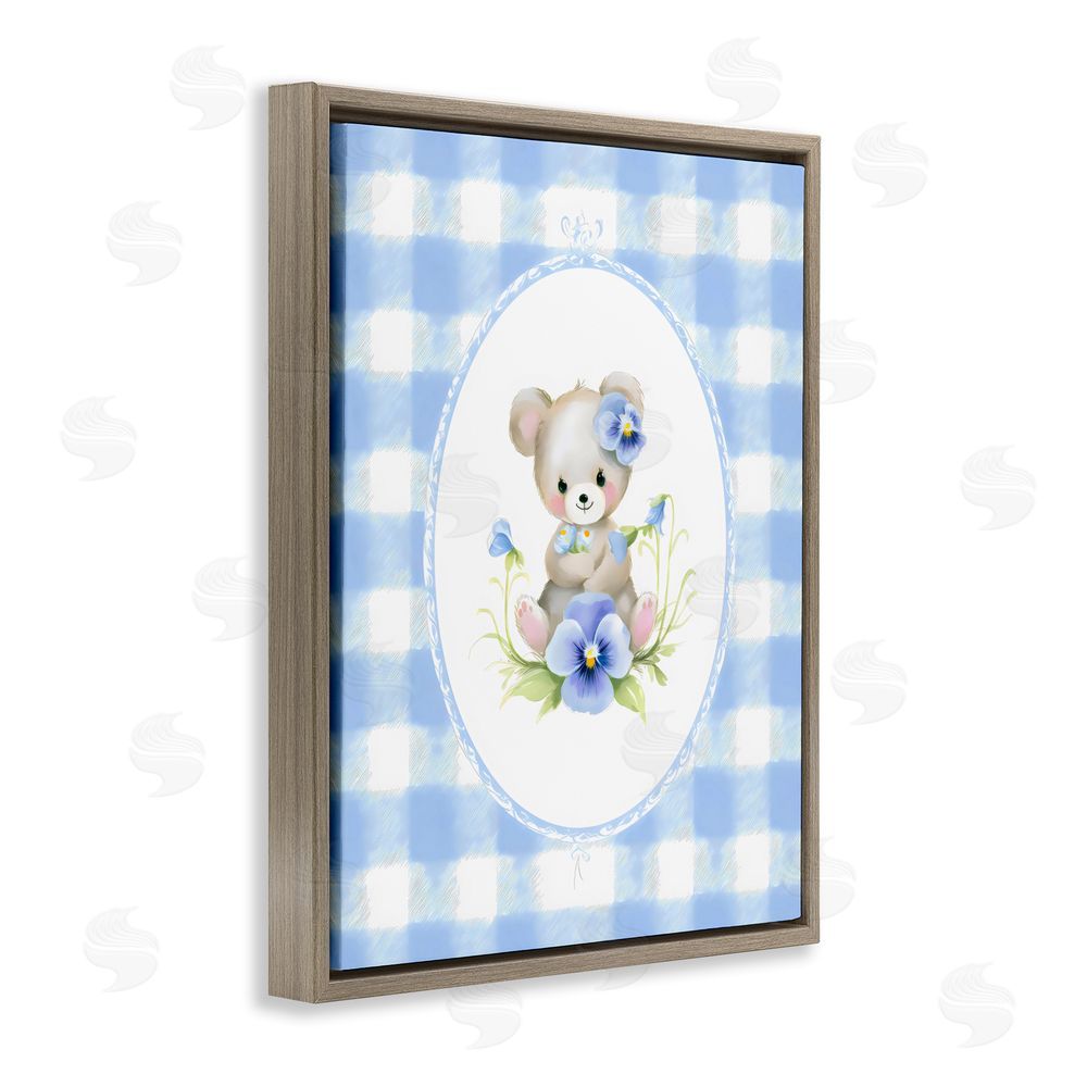 Arlington Prints Little Bear Blue Gingham Brown Floating Framed Canvas Wall Art