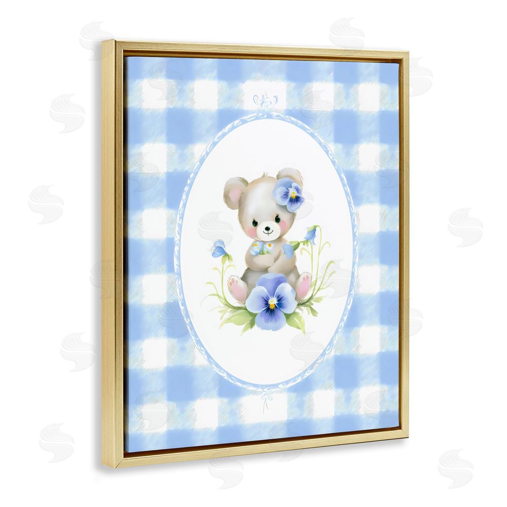 Arlington Prints Little Bear Blue Gingham Gold Floating Framed Canvas Wall Art